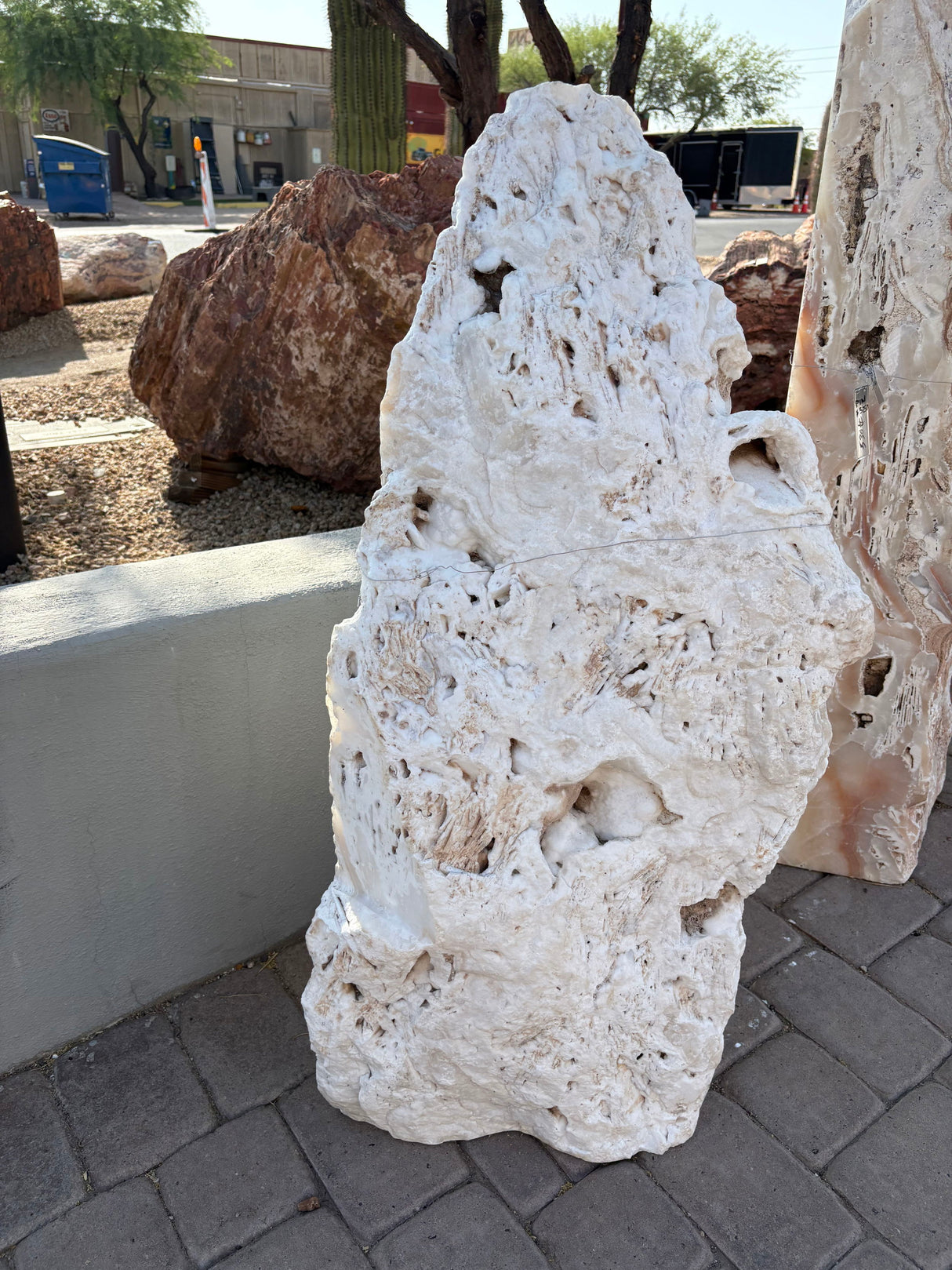 White Fossil Onyx Fountain - Corner Cut With Boulder Back & Pin Plate