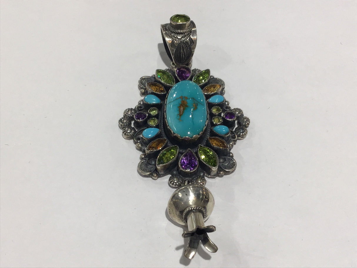 Leo Feeney Royston Turquoise Pendant With Squash Blossom, Citrine, Peridot & Amethyst