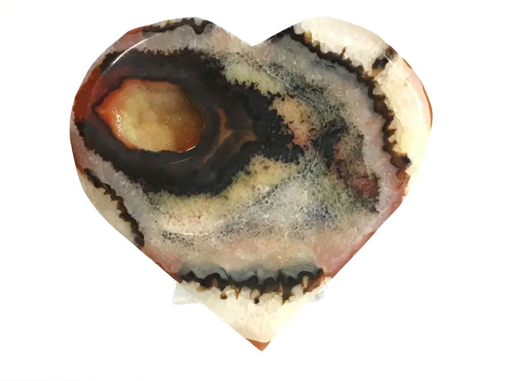 Sardonyx Carnelian Agate Heart Flat with Druze on Lucite Stand - Dark Brown Swirling Band on Edges & Large Dark Brown Area Surrounding Yellow Druze Pocket & Red Splash on Reverse
