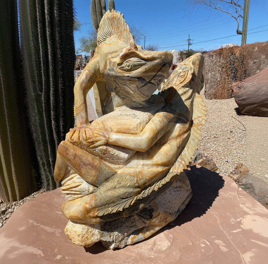 Grey/Green Talan Onyx Iguana Duo Sculpture