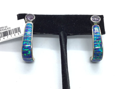 View of Blue Opal Earrings With Round Amethyst Cz -Partial Hoop