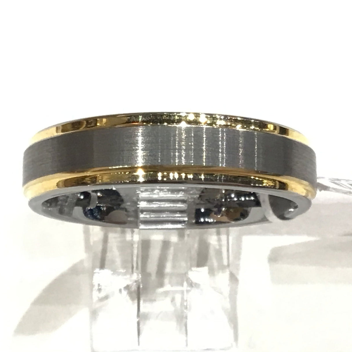 Tungsten ring with brushed gray center and gold-plated edges, 6mm band size 10 side view