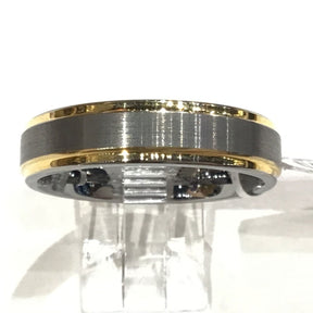 Tungsten ring with brushed gray center and gold-plated edges, 6mm band size 10 side view