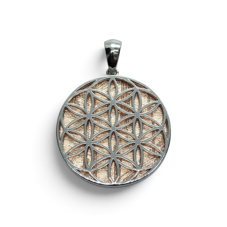 Rare Earth Gallery Muonionalusta meteorite pendant in rose gold coated sterling silver with Flower of Life design