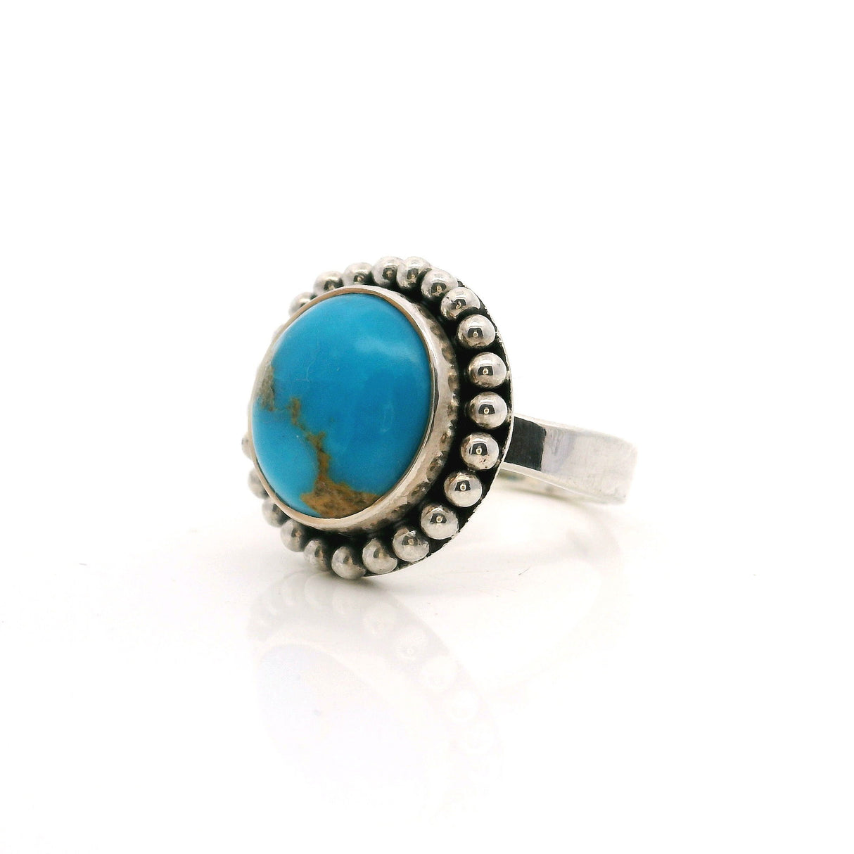 Turquoise Ring - Round Planet Earth Cabochon Bezel Set with Beaded Detail in Simple 925 Sterling Silver sz5