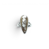 Rare Earth Gallery Howlite Wild Horse pear cabochon ring in a 925 sterling silver bezel with a cutout band