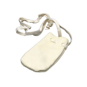 Cream white leather drawstring pouch with its long suede neck cord coiled beside it on white