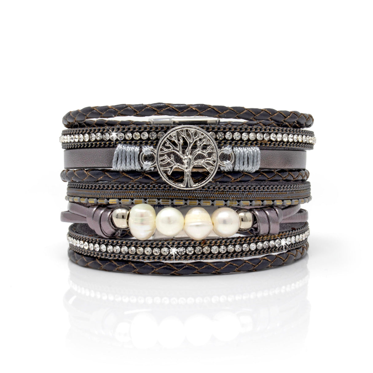 Dark Gray Tree of Life Multi Wrap Bracelet - Sacred Geometry with Magnetic Clasp
