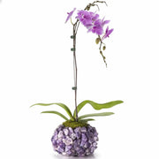Round amethyst gemstone vase holding a purple orchid arrangement with green leaves