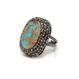 Persian Turquoise Adjustable Size Ring - Oval with Marcasite & Adjustable Double Band - Classic Blue with Beige