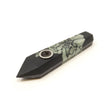 Hand carved pipe in black stone with pale green mottling and a steel bowl screen near the faceted tip