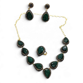Rare Earth Gallery emerald jewelry set featuring faceted pear-shaped stones, marcasite, and gold Swarovski crystals.