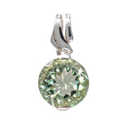 Faceted round prasiolite pendant in silver, front view with two-tone leaf-style bail