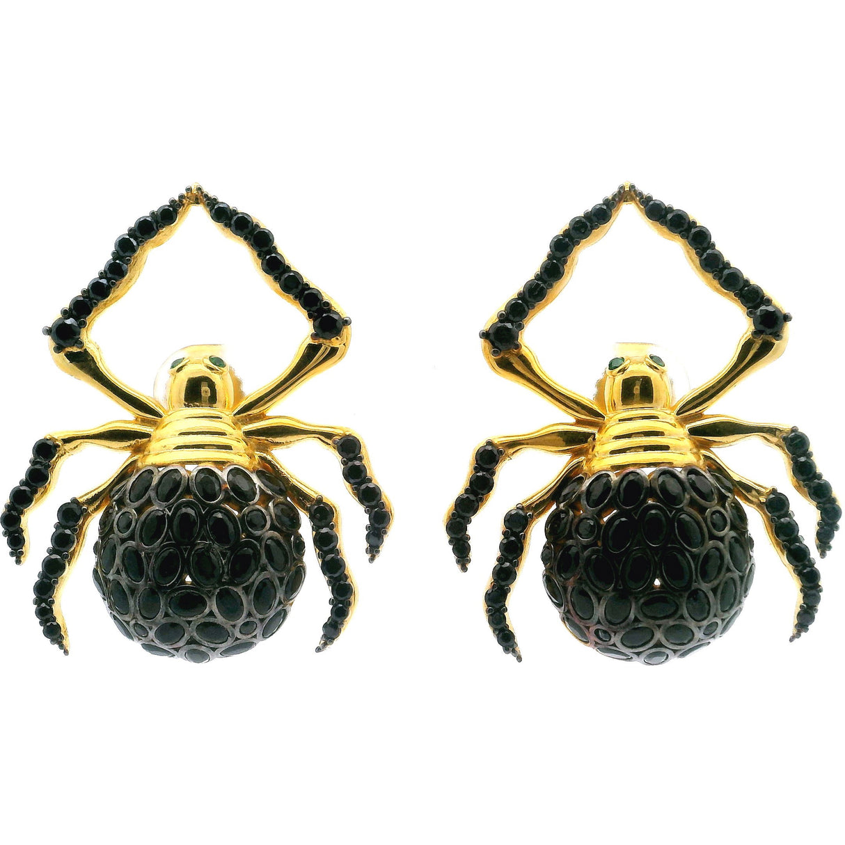 Nano Stone Stud Earrings - Black Spider with Green Eyes in Gold Vermeil over 925 Sterling Silver