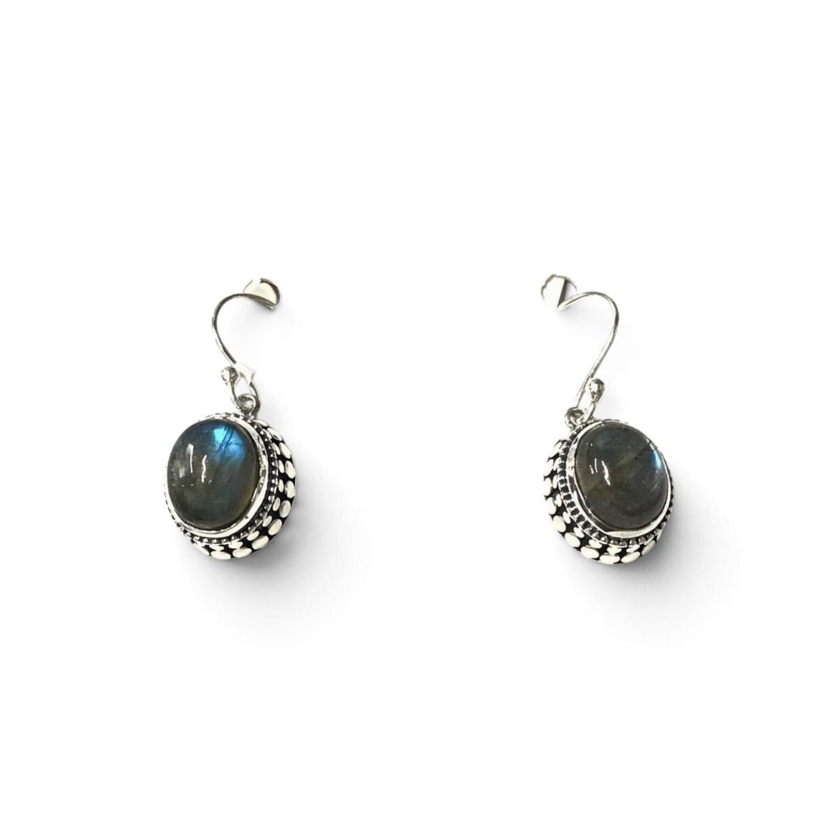 Rare Earth Gallery oval labradorite dangle earrings featuring a raised silver bezel with intricate beaded detailing.