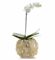 Calcite cube crystal gemstone vase, oval, honey-toned crystals styled with a single white orchid