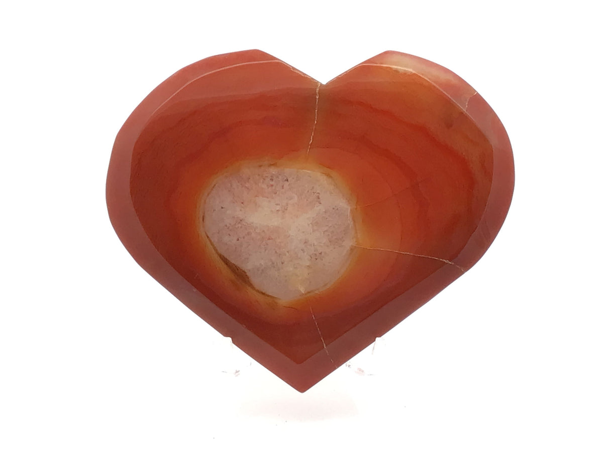 Sardonyx Carnelian Agate Heart Flat with Druze on Lucite Stand - Red-Orange Banding Around Clear Quartz Band with Red Bullseye Surrounding Shallow Yellow Druze Pocket