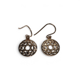 Rare Earth Gallery sterling silver heart chakra earrings with a rose gold overlay and sacred geometry design.