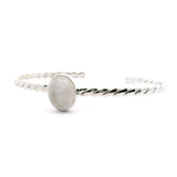 Rainbow Moonstone Cuff Bracelet - Oval Cabochon Bezel Set on 925 Sterling Silver Rope Band