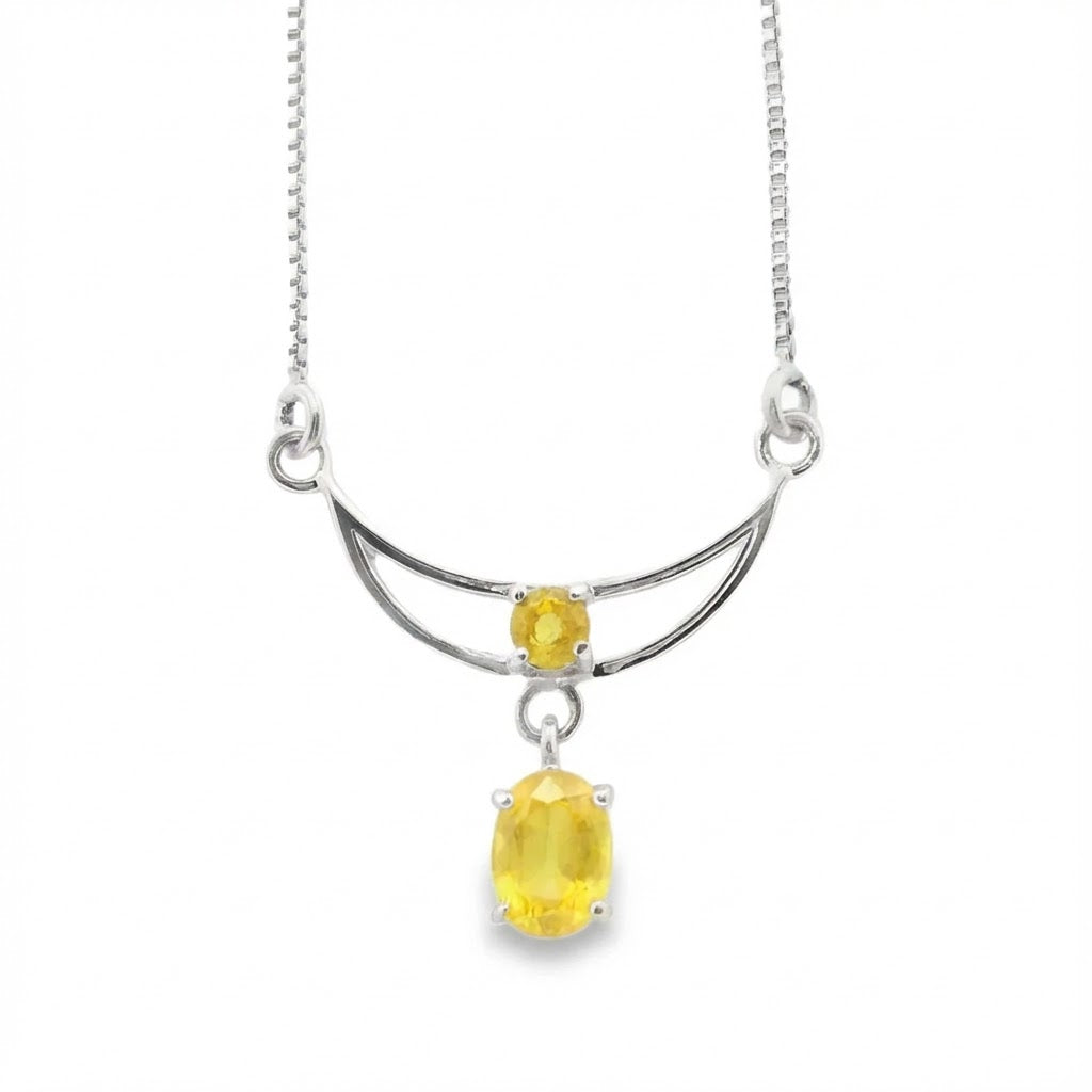 Faceted Yellow Sapphire Necklace - Round Prong Set In 925 Sterling Silver Half Moon with Faceted Dangling Oval