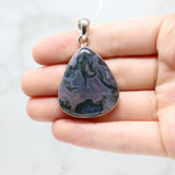 Moss Agate Pendant - Wide Pear Cabochon with Simple 925 Sterling Silver Bezel