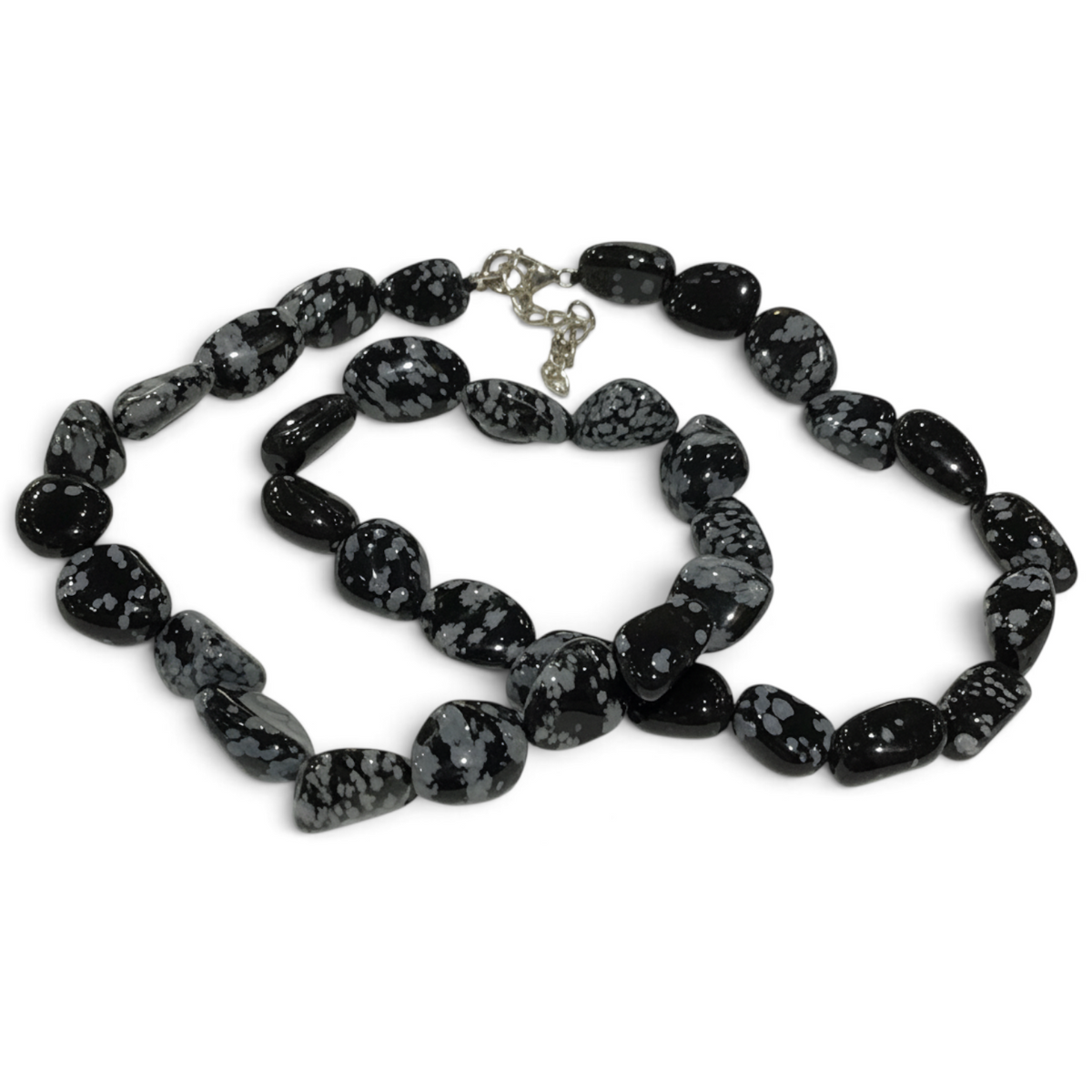 Rare Earth Gallery tumbled snowflake obsidian necklace featuring polished black and grey patterned gemstone beads.