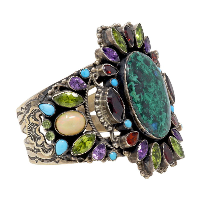 Leo Feeney Chatoyant Malachite & Chrysocolla Cuff Bracelet with Garnet, Ethiopian Opal, Peridot, Sleeping Beauty Turquoise & Amethyst