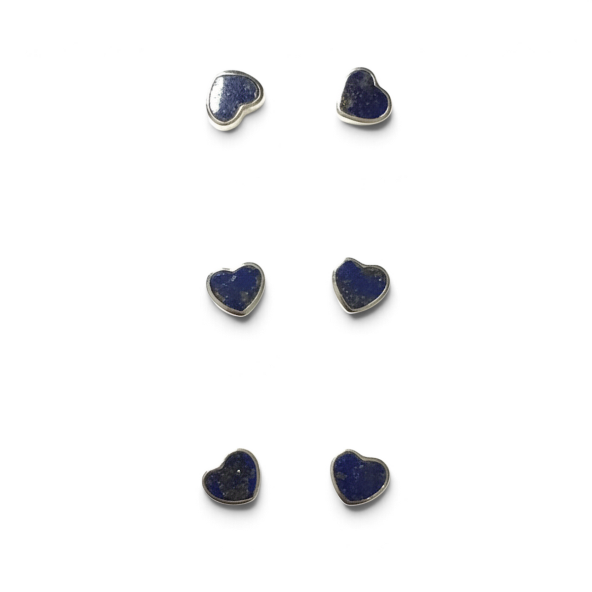 Rare Earth Gallery heart-shaped lapis lazuli stud earrings featuring polished blue stones in silver bezels.