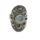 Rainbow Moonstone Ring -Round On Flower Design Saddle Band Sz7