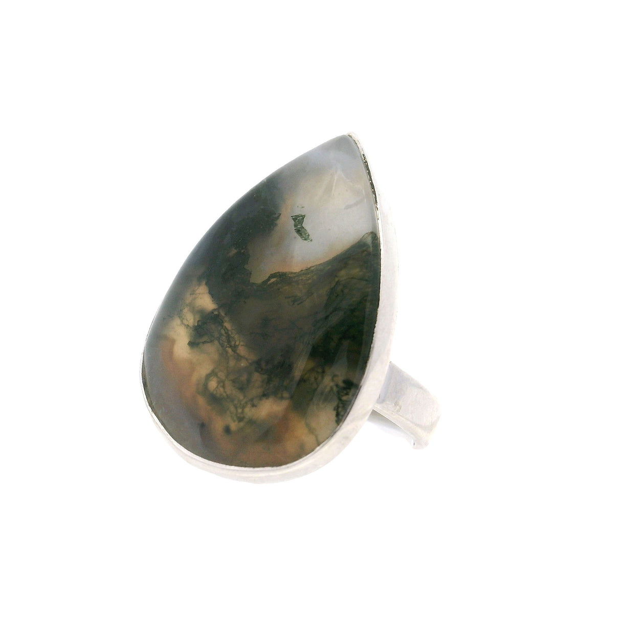 Moss Agate Ring - Pear Cabochon with Green Inclusions in Center & White Agate Near Top Bezel Set in Simple 925 Sterling Silver szAdj
