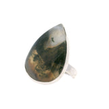 Moss Agate Ring - Pear Cabochon with Green Inclusions in Center & White Agate Near Top Bezel Set in Simple 925 Sterling Silver szAdj