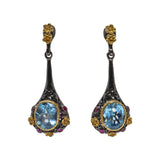 Blue Topaz Dangle Earrings On-post - Faceted Oval with Mini Ruby Rounds & Gold Vermeil Flowers on Cutout Drop
