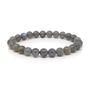 Labradorite bracelet featuring 7.5mm round beads with a grayish hue and subtle blue flashes, displayed on a white background.