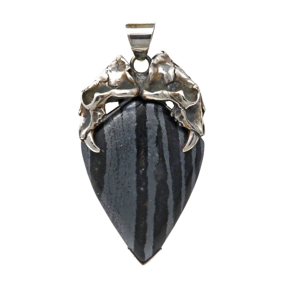 Hematite Pendant - Banded with Saber Tooth Skull Bail