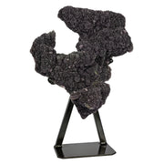 Sparkling dark amethyst druze freeform specimen mounted on a fitted black metal stand, organic shape