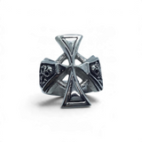 Rare Earth Gallery stainless steel skull ring featuring a prominent Maltese cross design in a polished silver finish.