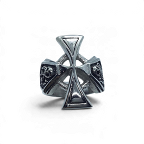 Rare Earth Gallery stainless steel skull ring featuring a prominent Maltese cross design in a polished silver finish.