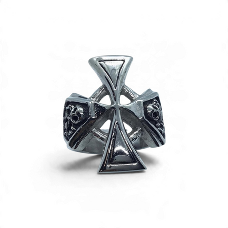 Rare Earth Gallery stainless steel skull ring featuring a prominent Maltese cross design in a polished silver finish.