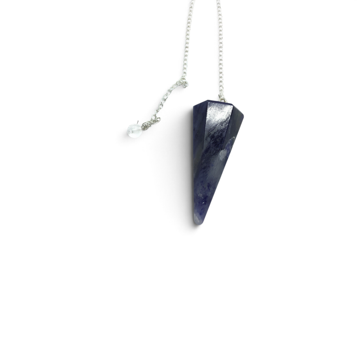 Rare Earth Gallery sodalite crystal pendulum, with a faceted point on a silver chain against a white background