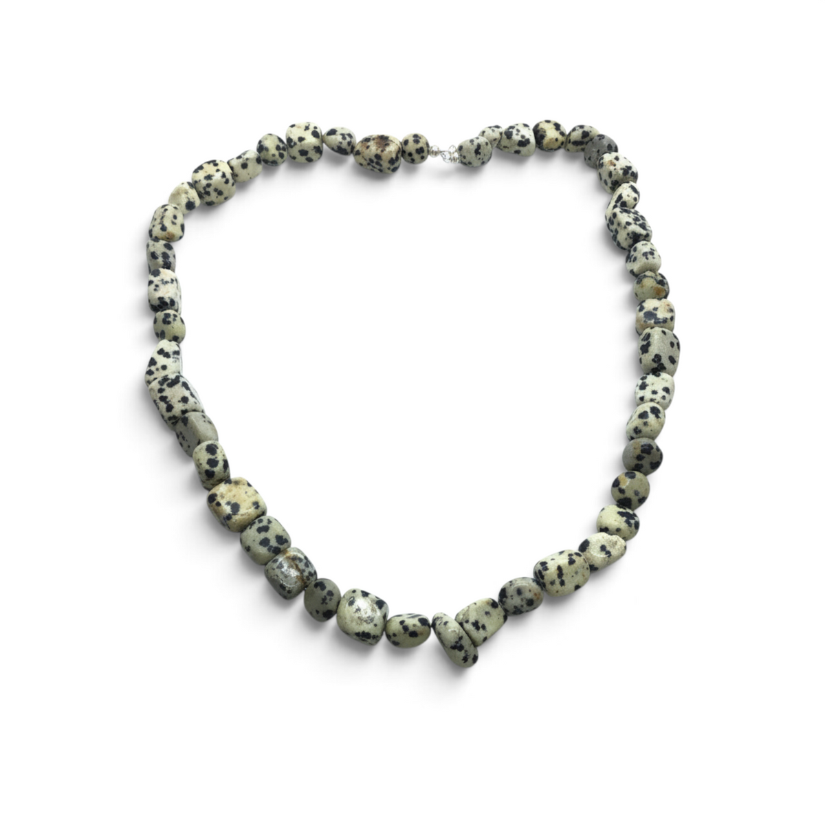 Rare Earth Gallery Dalmatian Jasper necklace featuring smooth, cream-colored tumbled stones with black spotted patterns.