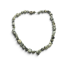 Rare Earth Gallery Dalmatian Jasper necklace featuring smooth, cream-colored tumbled stones with black spotted patterns.
