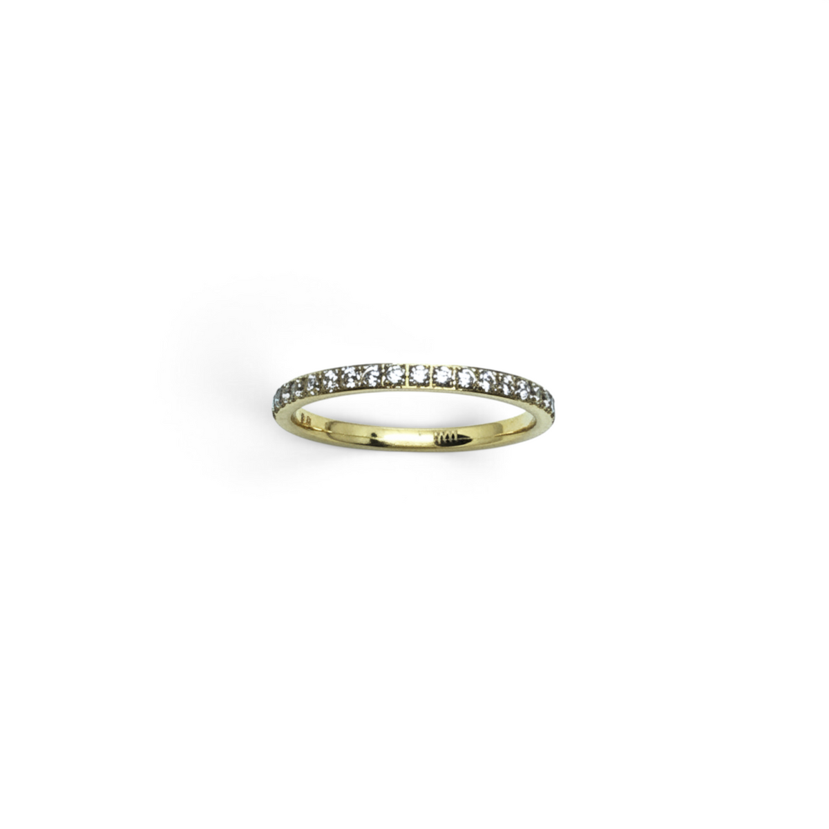 Rare Earth Gallery 2mm titanium ring with gold IP plating and a half-band of sparkling white cubic zirconia stones.