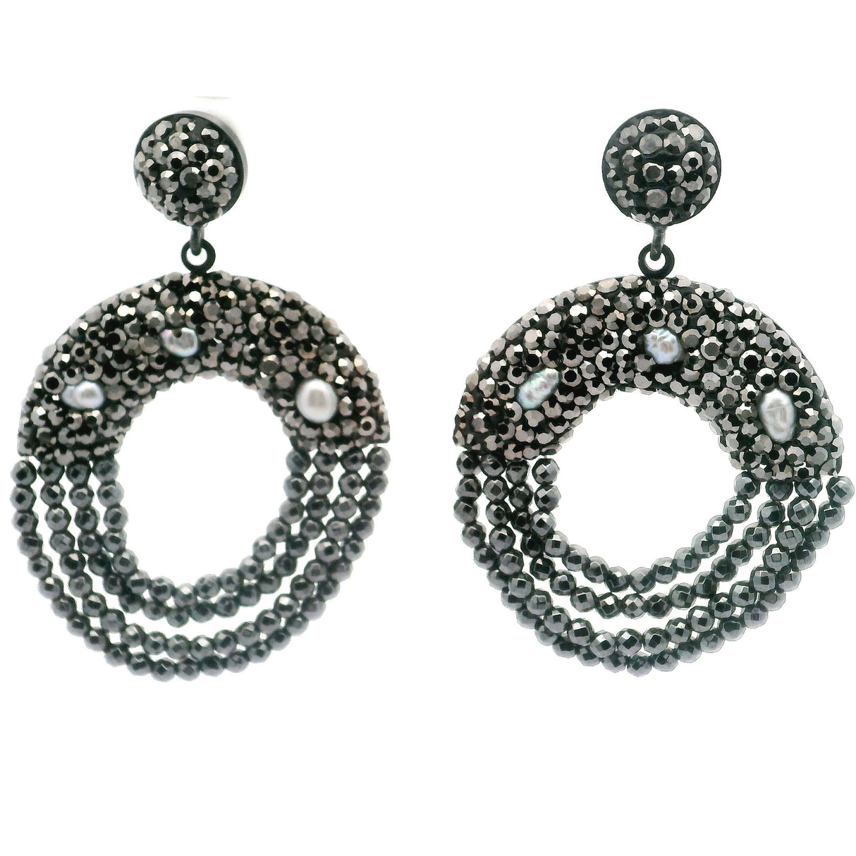 Marcasite & Pearl Dangle Earrings - Black Swarovski Crystals in Donut with 3 Dainty Baroque Pearls & 4 Hanging Rows of Marcasite Beads in Dark Finish over 925 Sterling Silver