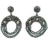 Marcasite & Pearl Dangle Earrings - Black Swarovski Crystals in Donut with 3 Dainty Baroque Pearls & 4 Hanging Rows of Marcasite Beads in Dark Finish over 925 Sterling Silver