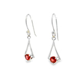 Garnet Dangle Earrings Round Faceted Prong Set on Open Tapered 925 Sterling Silver Kite