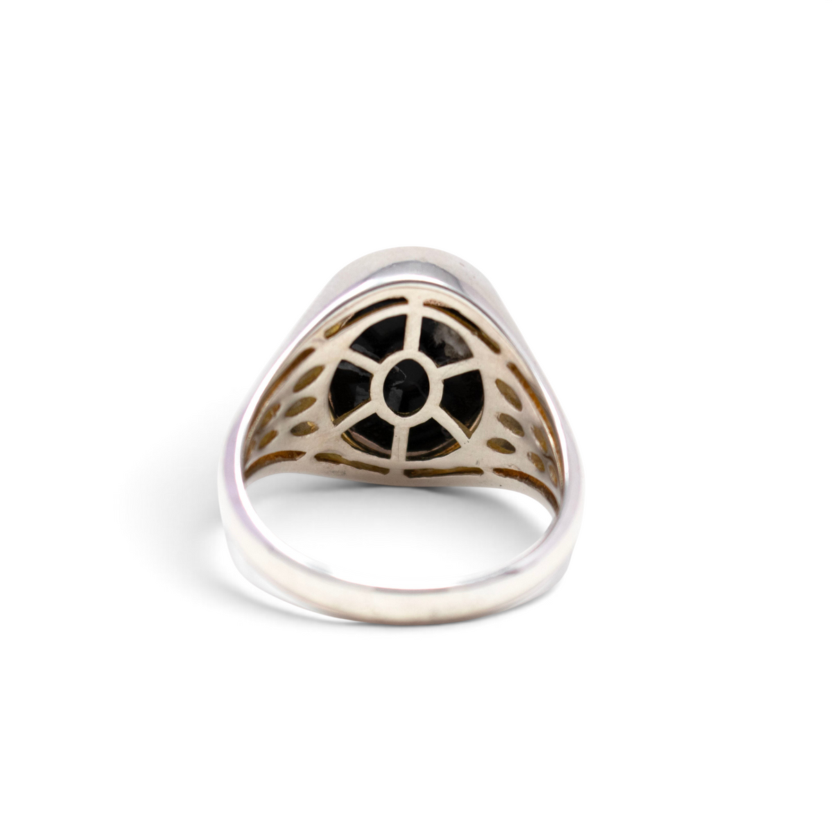 Back of the labradorite signet ring showing the openwork sterling silver gallery
