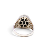 Back of the labradorite signet ring showing the openwork sterling silver gallery