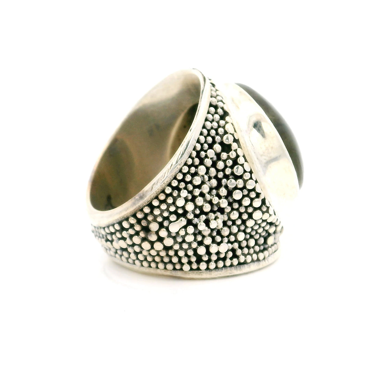 Labradorite Ring - Round Cabochon Bezel Set Wide Bead Textured Band Set in 925 Sterling Silver