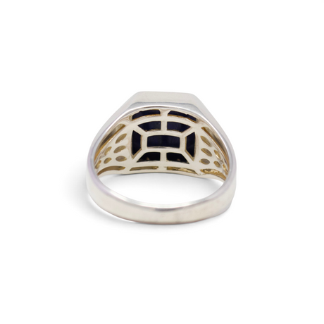 Sterling silver lapis lazuli signet ring back view showing the openwork gallery under the square stone
