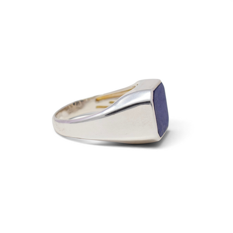 Lapis lazuli sterling silver signet ring shown from the side with the square stone flush in the band